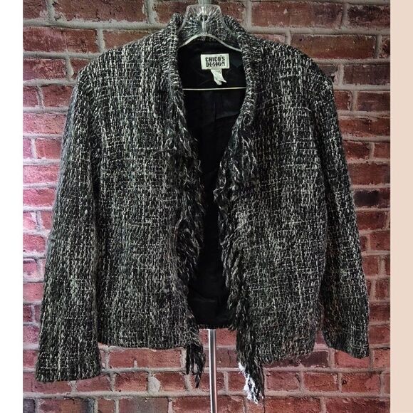 Chico’s Design Women’s Tweed Fringe Blazer Jacket Coat – Size 2 Black White - Picture 1 of 6